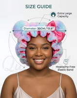 Bonnet de nuit en peluche coton doux de 35 cm avec oreilles, doublure en satin rose, protection pour cheveux bouclés, double couche, pour femmes