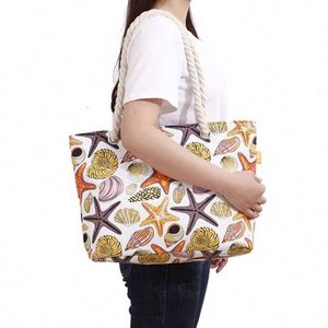 Factory Wholesale Ocean Style Women's Shoulder Shopping <b>Bag</b> <b>Large</b> Capacity Travel <b>Beach</b> <b>Bag</b> With Cotton Rope Handle - Product Image 2
