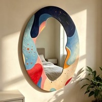 Miroir mural décoratif ovale irrégulier avec cadre en bois, impression arc-en-ciel, art abstrait personnalisé pour la décoration murale de la maison