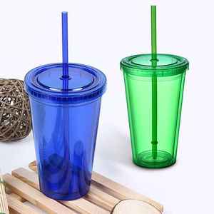 Nouvelle tasse à eau réutilisable en plastique à couvercle plat, double paroi, transparente, portable, avec revêtement anti-corrosion et paille, simple et sûre pour les aliments - Product Image 3