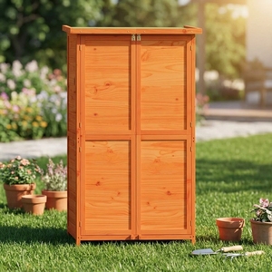 Caseta de Almacenamiento de Madera, Madera de Pino Sólida, Organizador de Herramientas de Jardín, Color Marrón, con Techo Impermeable para Patio Trasero - Product Image 3