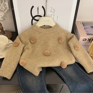 Girls Sweater Jeans Set Thick Knit Solid Color Camel Blue 3668 Autumn Winter Childrens Outfit - Product Image 3