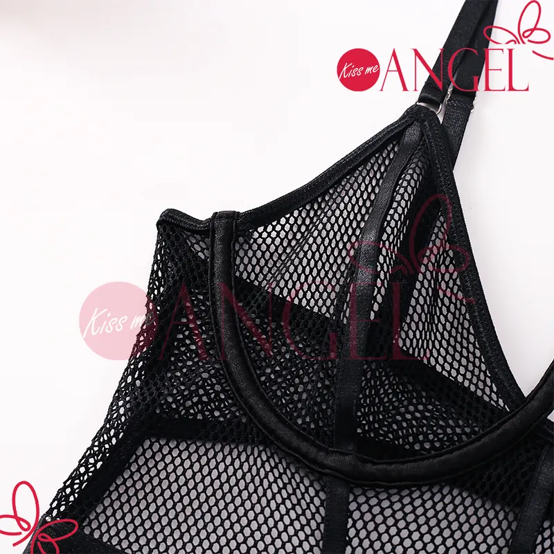 KISS ME ANGEL Lingerie Teddy Seksi, Pakaian Dalam Teddy Seksi Terbuka V Dalam Jaring Intim Bersirkulasi Warna Hitam Orang Muda Isi Satu Buah