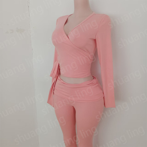 Conjunto de salón para mujer, blusas envolventes de Ballet de colores <span class=keywords><strong>con</strong></span> logotipo personalizado, Tops <span class=keywords><strong>con</strong></span> pantalones acampanados, conjuntos plegables sobre mallas de Yoga, conjunto de salón para mujer - Product Image 3