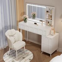 Ensemble coiffeuse de luxe en bois crème de style européen avec miroir LED et rangement à tiroirs pour chambre à coucher