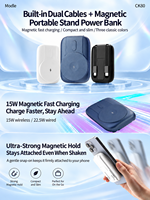 Batterie externe magnétique sans fil HYTO Mini 15W 5000mAh avec charge rapide 22.5W, câbles doubles intégrés, support pliable, chargeur portable