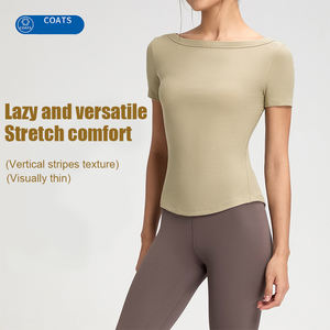 XW-DA110 élégant <span class=keywords><strong>bateau</strong></span> décolleté ourlet arrondi dames en plein air Gymwear côtelé à manches courtes haut court respirant Sport chemise femmes - Product Image 2