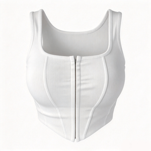 Women's <b>White</b> Knitted <b>Tank</b> <b>Top</b> Scoop Neck Zip Front Slim Fit Crop Vest Minimalist Style Breathable Fabric - Product Image 1