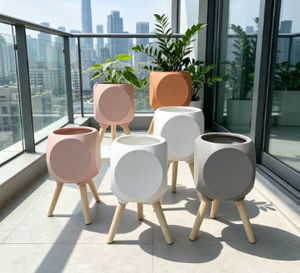 Pots à fleurs modernes en béton avec pieds en bois, jardinières minimalistes d'intérieur pour plantes vertes, lot de 7 - Product Image 3