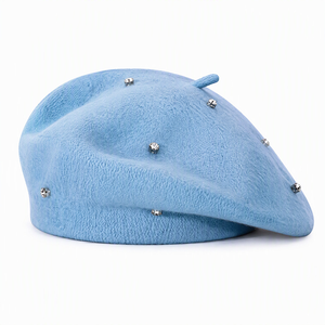 Women's Blue Furry <b>Beret</b> <b>Hat</b> Winter Warm Painter Cap with Rhinestones Fashion Adult Headwear - Product Image 1