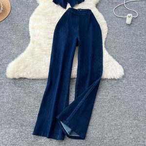 Ensemble gilet tricoté sans manches à col rond avec boucle métallique et <span class=keywords><strong>pantalon</strong></span> long en jean taille haute à jambes larges pour <span class=keywords><strong>femme</strong></span> - Product Image 6