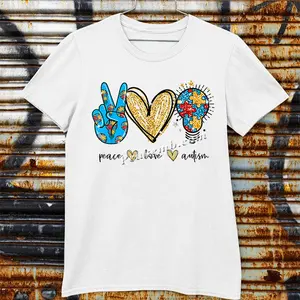 Camiseta de algodón 95% para mujer, camiseta con diseño de impresión "paz, amor, autismo", estampado de transferencia, informal, transpirable