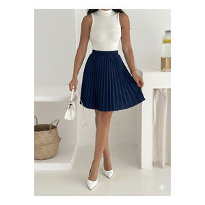 Jupe courte plissée bleu marine, taille élastique, tissu satiné, 45 cm, jupes pour femmes - Product Image 1