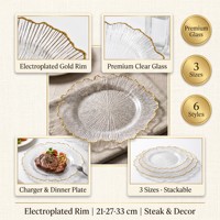 Assiettes de présentation en verre de 13 pouces avec bordure dorée électroplaquée, design côtelé vertical, sous-assiettes haut de gamme pour la décoration de mariage (vente en gros)