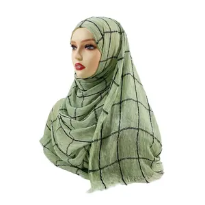 Wholesale Retro Fashion Women Dirty-dyed Plaid Whisker Shawl Viscose Cotton Knit Bandana Scarfs Modal Turban Hijab Musulman