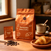 Sachet à café en aluminium imprimé en gravure personnalisée, finition mate, fond plat, huit soudures latérales, avec valve unidirectionnelle