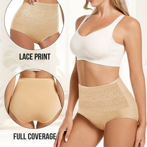 Culotte gainante taille haute avec détails en dentelle, effet ventre plat et rehaussement des hanches, sous-vêtement femme grande taille couleur chair - Product Image 3