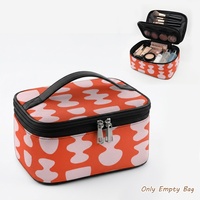 Tas Kosmetik Kulit PU Motif Titik Oranye Abstrak dengan Ritsleting Ganda dan Pegangan untuk Perjalanan