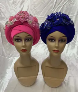 African Auto Aso Oke Gele Hat Headtie with Stones Already Made Head Wrap Ladies Hat With beads gele headtie aso oke gele