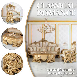 طقم كنب فاخر على الطراز الملكي الكلاسيكي بتطعيمات من أوراق الذهب وخشب صلب منحوت، أثاث أنتيك لغرفة معيشة فخمة، كنب مقطعي - Product Image 2