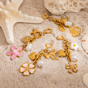 Stainless Steel Plated Jewelry Findings Mixed Shapes Gold Color Pearl <b>Flower</b> Charms for <b>Bracelet</b> Making DIY Accessories - Product Image 1