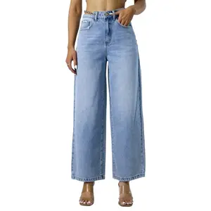 Pantalon en jean droit à taille haute bleu pour femmes Pantalon à jambes larges de haute qualité pour femmes