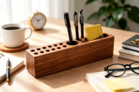 Boîte de rangement de bureau en bois avec 3 compartiments de rangement, plateau porte-stylos