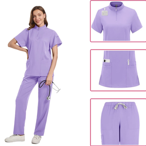 Conjunto <span class=keywords><strong>de</strong></span> Uniforme Médico para Mujer <span class=keywords><strong>de</strong></span> Color Sólido con Cuello Alto <span class=keywords><strong>y</strong></span> Pantalones <span class=keywords><strong>de</strong></span> Pierna Recta en Tejido Elástico para Enfermeras <span class=keywords><strong>de</strong></span> Hospital - Product Image 3