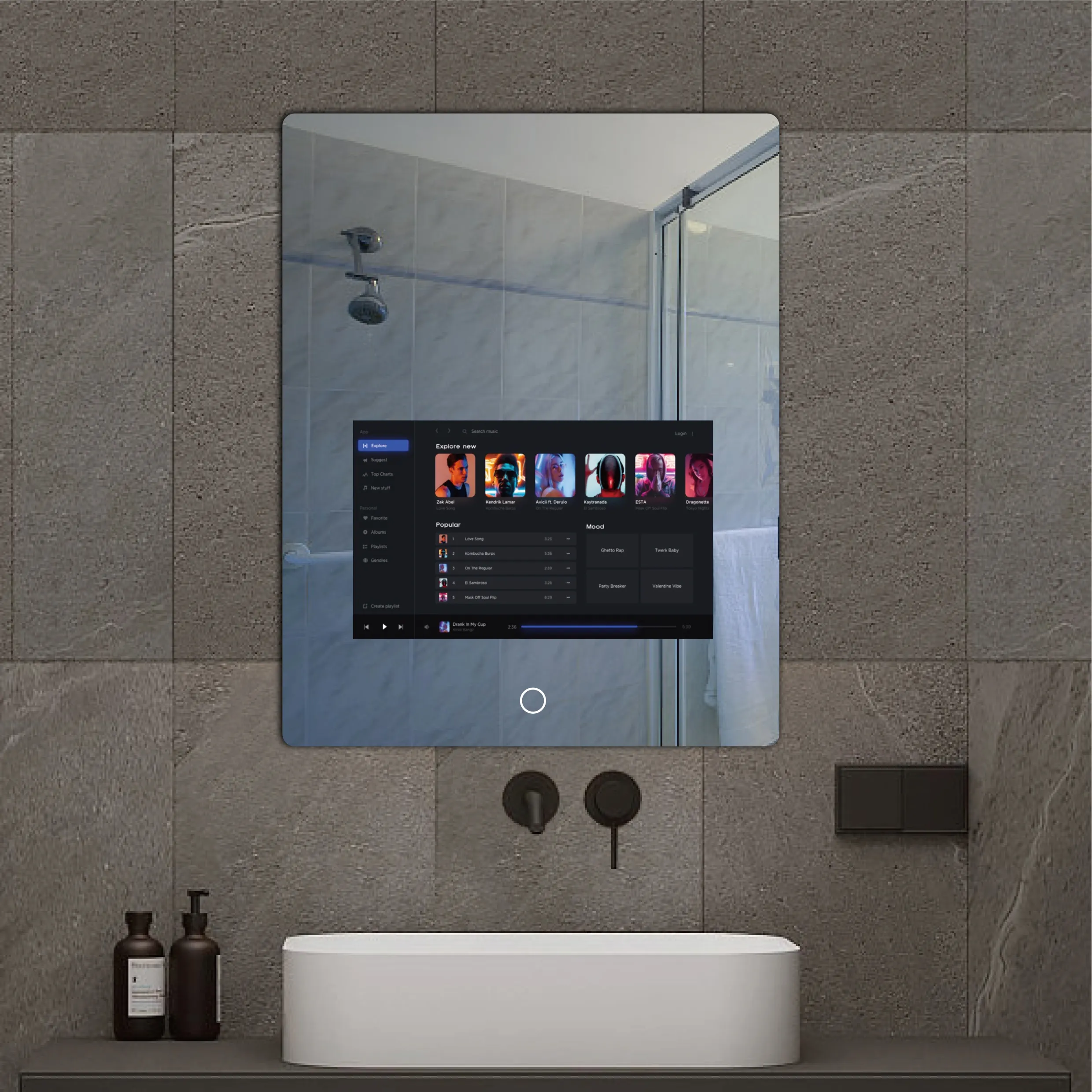 الجدار التفاعلي المستطيلي بشاشة تعمل باللمس مقاوم للماء ذكي مع مرايا حمام تلفزيون واي فاي