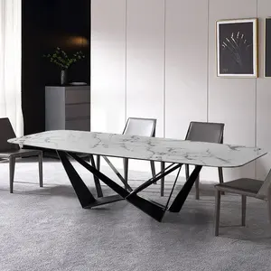 Table à manger complète italienne en acier inoxydable rectangulaire moderne de luxe minimaliste Tavolo Da Pranzo dessus en marbre pour salle à manger