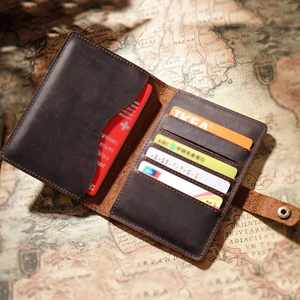 Real Leather Vintage Passport Cover Wallet Snap Closure Business Card Holder Office Plastic Cards Portable Travel <b>Mini</b> <b>Notebook</b> - Product Image 1