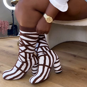 Women Zebra Pattern Knitting Half Knee High <b>Boots</b> High Chunky Round Heels Square Toe Mid Calf Short <b>Boots</b> Back Zipper Shoes - Product Image 3
