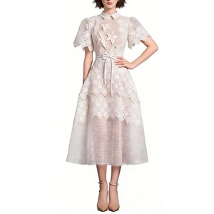 Vestido Midi de Encaje Geométrico para Mujer - Vestidos Formales con Cuello y Apliques Florales en 3D, Moda Femenina - Product Image 2