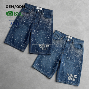 Manufacturer Custom Men's Plus Size Half-knee Baggy Straight Leg Vintage Distressed All Over Rhinestone Denim <b>Jeans</b> Shorts Jorts - Product Image 1