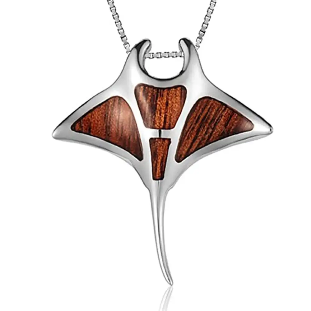 925 Sterling Silver Jewelry Hawaiian KOA Wood Inlay Manta Ray Pendant Necklace