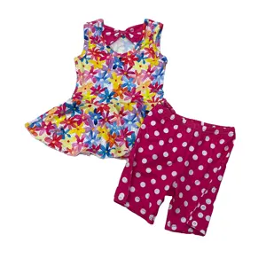 Qingli OEM Summer Floral Polka Dot Kid Clothing Sets 3 To 12 Years Old