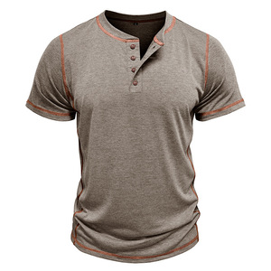 T-shirt Henley da uomo a maniche corte in cotone, modello 2026 estivo, stile vintage, vestibilità ampia e traspirante, per il commercio estero transfrontaliero - Product Image 2