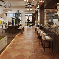 Ensemble de table et de chaises de restaurant, café, café-restaurant avec cadre en bois brun foncé et tabourets de comptoir en tissu