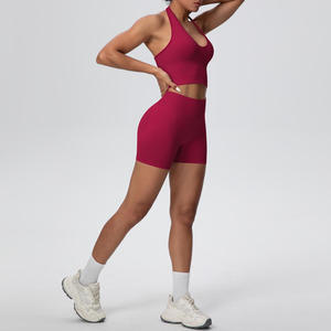 Ensemble de yoga 2 pièces à col halter et bretelles, short taille haute, couleur unie, en Spandex et Polyester, sans couture, extensible dans les quatre sens - Product Image 5