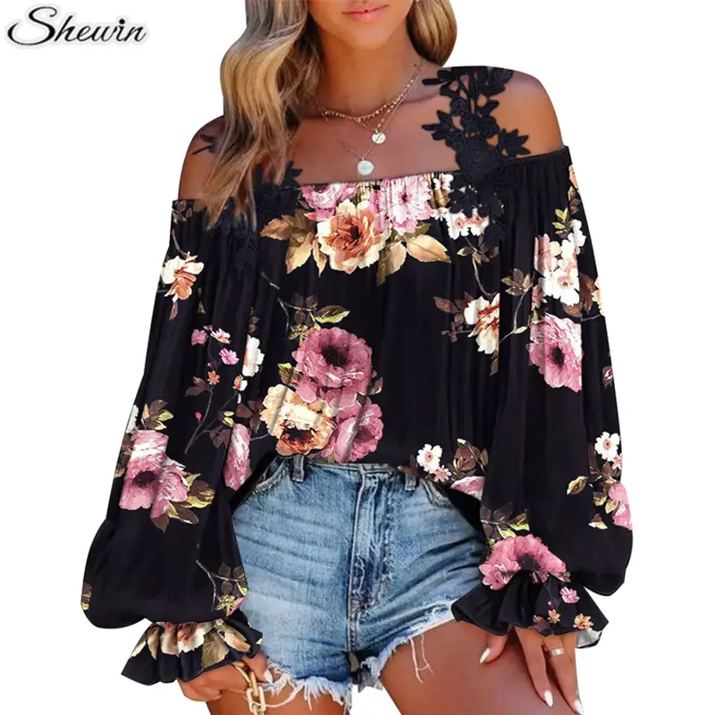 Spring Summer 2023 Boutique Floral Print Cold Shoulder Elegant Blouse Women Tops