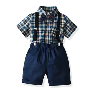 夏のフォーマルキッズボーイズ衣装子供スーツボウサスペンダー付きチェック柄シャツ男の子の誕生日パーティー服セット2〜5年