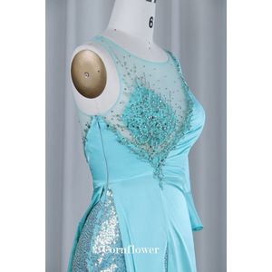 Une épaule Satin Broderie De Luxe Cristal Turquoise Bleu Aline Moderne Dos Nu Robe De Soirée Col Haut Arabe Longueur Au Sol - Product Image 5
