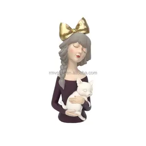 북유럽 실내 새로운 우아한 현대 Bowknot 소녀 귀여운 고양이 그림 여자 수지 동상 인형