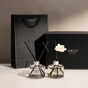 Aikun 7-Day Ship Clear 120ml Round Glass Black Box Bag Transfer Logo Any Scent 90 Day Reed <b>Diffuser</b> Gift Set for Gift Buyer - Product Image 1