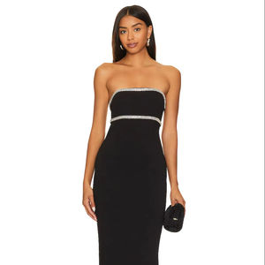 Vestido maxi negro de satén resistente con cuentas de diamante, sin tirantes, con espalda descubierta, abertura alta, largo hasta el suelo, 100% poliéster para mujer - Product Image 1