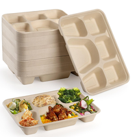 Assiette jetable biodégradable à 5 compartiments sans PFAS en pulpe de bagasse de canne à sucre, 100 % compostable, pour le transport scolaire