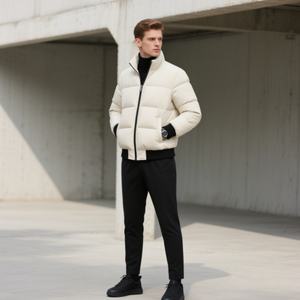 Nouvelle veste d'hiver beige pour homme 2025, col montant classique matelassé, rembourrage épais isolé, poignets en tricot noir, fermeture éclair respirante - Product Image 2