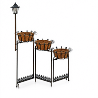 Support de Jardinière Suspendue à 3 Niveaux avec Paniers en Fibre de Coco et Éclairage Solaire, Cadre de Présentation de Jardin en Fer Forgé