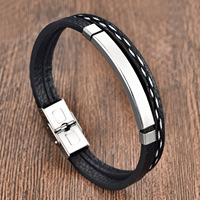 Bracelet Homme Personnalisé en Cuir Véritable et Acier Inoxydable avec Plaque à Graver pour Logo ou ID – Breloque Barre à Estamper
