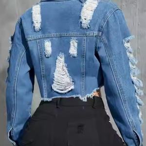 Chaquetas de Verano Personalizadas OEM para Mujer, Chaquetas de Estilo Hip-Hop Urbano, Chaqueta Corta de Mezclilla para Mujer con Lavado Ácido y Efecto Desgastado - Product Image 3